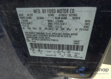 2007 Ford F-150 Xlt/Stx/Xl z USA, uszkodzony, nr VIN 1FTRX12W97KC75813
